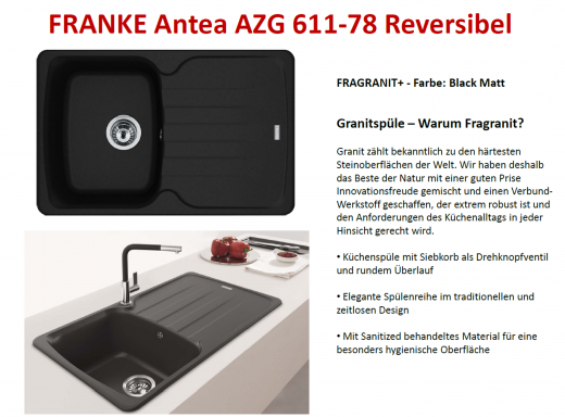 FRANKE Kchensple Antea AZG 611-78 Fragranit+ Einbausple / Granitsple mit Siebkorb als Drehknopfventil