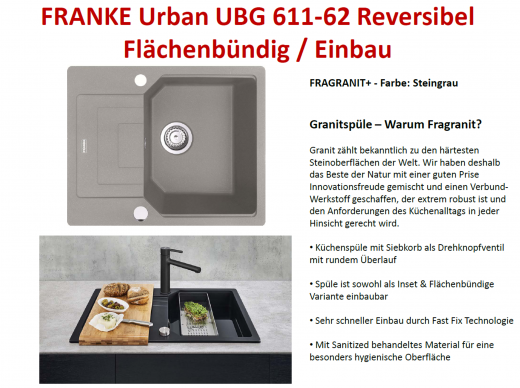 x FRANKE Kchensple Urban UBG 611-62 Fragranit+ Einbausple / Granitsple Flchenbndig mit Siebkorb als Drehknopfventil