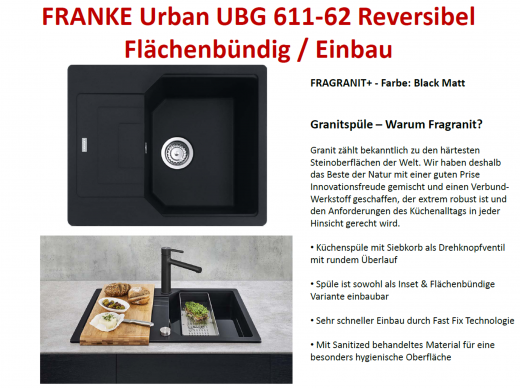 x FRANKE Kchensple Urban UBG 611-62 Fragranit+ Einbausple / Granitsple Flchenbndig mit Siebkorb als Drehknopfventil