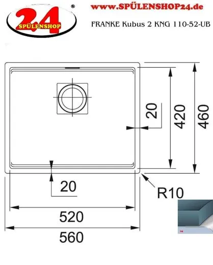 FRANKE Kchensple Kubus 2 KNG 110-52-UB Fragranit+ Granitsple / Unterbausple mit Siebkorb als Druckknopfventil