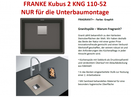 FRANKE Kchensple Kubus 2 KNG 110-52-UB Fragranit+ Granitsple / Unterbausple mit Siebkorb als Druckknopfventil