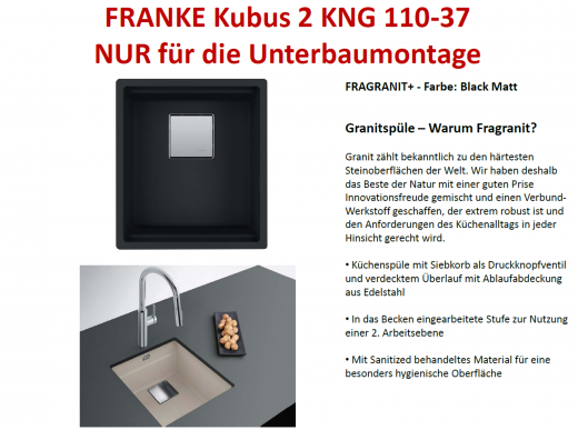 FRANKE Kchensple Kubus 2 KNG 110-37-UB Fragranit+ Granitsple / Unterbausple mit Siebkorb als Druckknopfventil