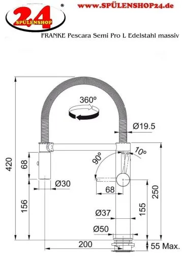 FRANKE Kchenarmatur Pescara Semi Pro L Einhebelmischer Edelstahl massiv mit Pendelbrause umstellbar 360 schwenkbarer Auslauf