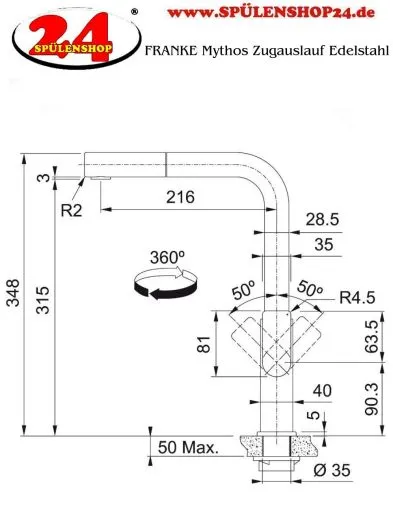 FRANKE Kchenarmatur Mythos Einhebelmischer Edelstahl massiv mit Zugauslauf als Schlauchbrause 360 schwenkbarer Auslauf