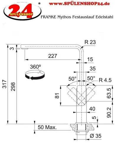 FRANKE Kchenarmatur Mythos Einhebelmischer Edelstahl massiv mit Festauslauf und Laminar Perlator 360 schwenkbarer Auslauf