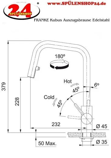 FRANKE Kchenarmatur Kubus Einhebelmischer Edelstahl massiv mit Auszugsbrause Pull-Down-Spray 180 schwenkbarer Auslauf