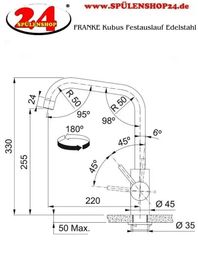 FRANKE Kchenarmatur Kubus Einhebelmischer Edelstahl massiv mit Festauslauf und Laminar Perlator 180 schwenkbarer Auslauf