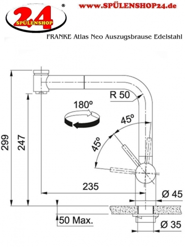 FRANKE Kchenarmatur Atlas Neo Einhebelmischer Edelstahl massiv mit Zugauslauf und Brausefunktion 180 schwenkbarer Auslauf