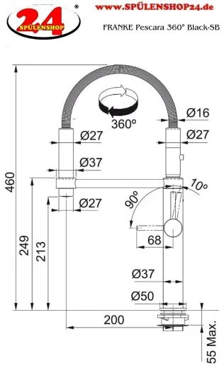 FRANKE Kchenarmatur Pescara Semi Pro L 360 Einhebelmischer Schwarz matt mit Federbrause 2x 360 schwenkbarer Auslauf