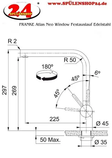FRANKE Kchenarmatur Atlas Neo Window Einhebelmischer Edelstahl massiv mit Festauslauf Niederdruck zur Vorfenstermontage umlegbar