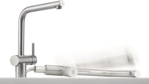 FRANKE Kchenarmatur Atlas Neo Window Einhebelmischer Edelstahl massiv mit Festauslauf Niederdruck zur Vorfenstermontage umlegbar