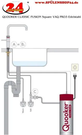 QUOOKER CLASSIC FUSION Square Edelstahl VAQ PRO3 Einhebelmischer & 100C Armatur Nostalgieoptik (PRO3CFNSSST)