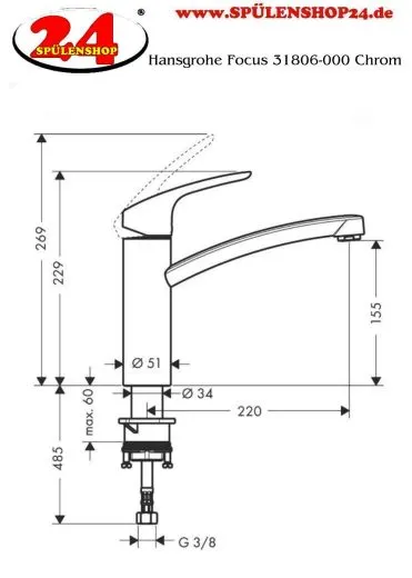 HANSGROHE Kchenarmatur Focus M41 Chrom Einhebelmischer 160 mit Festauslauf, 1jet 360 schwenkbarer Auslauf (31806000)