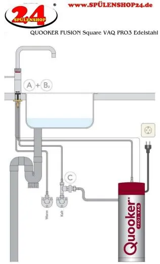 ✅ QUOOKER FUSION Square VAQ PRO3 Einhebelmischer Edelstahl & 100C Armatur Kochendwasserhahn (PRO3FNSSST)