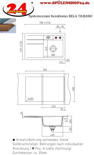 Systemceram KeraDomo BELA 78 Basic Keramiksple / Einbausple in Standardfarben fr die Kche