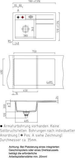 Systemceram KeraDomo BELA 78 Basic Keramiksple / Einbausple in Standardfarben fr die Kche