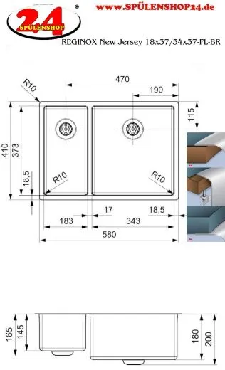 REGINOX Kchensple New Jersey 18x37+34x37 (L) Comfort Becken rechts Einbausple Edelstahl 3 in 1 mit Siebkorb als Stopfenventil