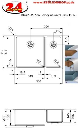 REGINOX Kchensple New Jersey 34x37+18x37 (L) Comfort Becken links Einbausple Edelstahl 3 in 1 mit Siebkorb als Stopfenventil