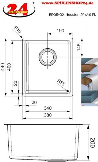 REGINOX Kchensple Houston 34x40 Einbausple Edelstahl 3 in 1 mit Flachrand Siebkorb als Stopfenventil