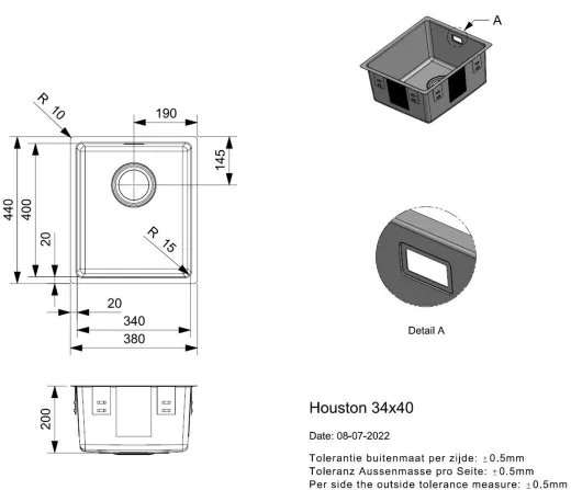 REGINOX Edelstahlsp�le Houston 34x40 Einbausp�le Edelstahl 3 in 1 mit Flachrand Siebkorb als Stopfenventil