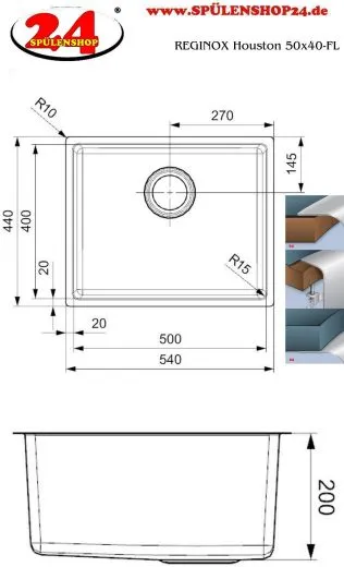 REGINOX Kchensple Houston 50x40 Einbausple Edelstahl 3 in 1 mit Flachrand Siebkorb als Stopfenventil