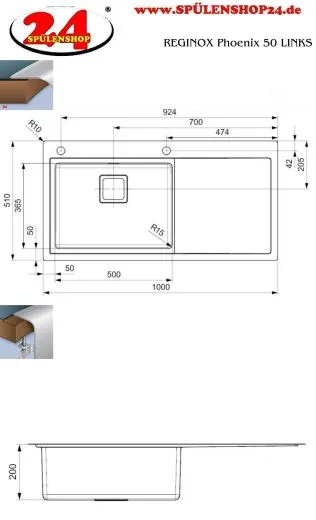 REGINOX Kchensple Phoenix 50 (L) Becken links Einbausple Edelstahl mit Flachrand Siebkorb als Drehexcenterventil