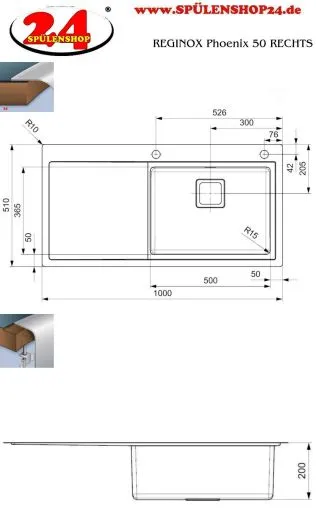 REGINOX Kchensple Phoenix 50 (L) Becken rechts Einbausple Edelstahl mit Flachrand Siebkorb als Drehexcenterventil