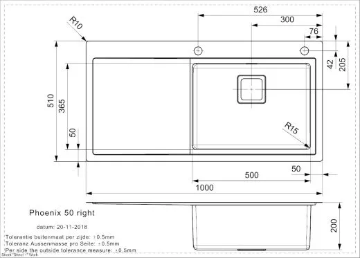 REGINOX Kchensple Phoenix 50 (L) Becken rechts Einbausple Edelstahl mit Flachrand Siebkorb als Drehexcenterventil