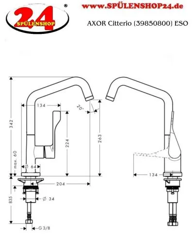 AXOR Kchenarmatur Citterio Edelstahl Finish Einhebelmischer 260 mit Festauslauf Schwenkbereich einstellbar (39850800)