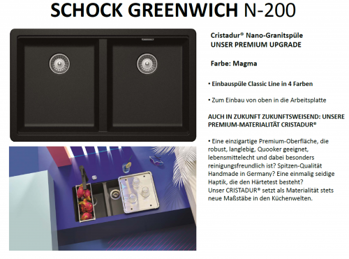 SCHOCK Doppelbecken Greenwich N-200 Cristadur Nano-Granitsple / Einbausple mit Drehexcenter