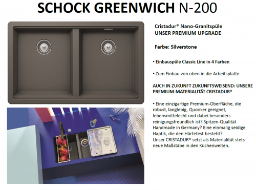 SCHOCK Doppelbecken Greenwich N-200 Cristadur Nano-Granitsple / Einbausple mit Drehexcenter