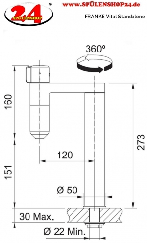 FRANKE Armatur Standalone Vital Chrom / Gun Metal 3-Stufen Kapsel Trinkwasserfiltersystem 360 schwenkbarer Auslauf