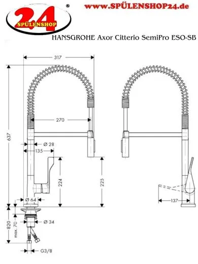 AXOR Kchenarmatur Citterio Semi Pro Edelstahl Finish Einhebelmischer 230 mit Pendelbrause als 2-Strahlbrause 360 schwenkbarer Auslauf (39840000)