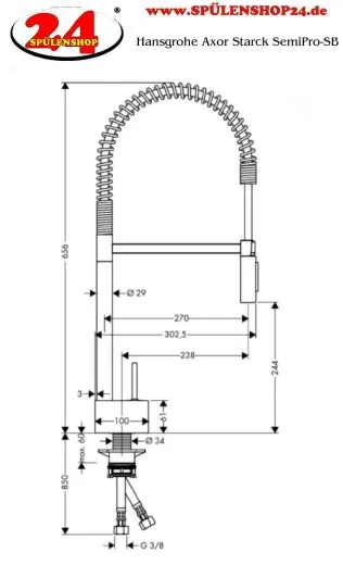 AXOR Kchenarmatur Starck Semi Pro Chrom Einhebelmischer 240 mit Pendelbrause und Joystick-Bedienung 360 schwenkbarer Auslauf (10820000)