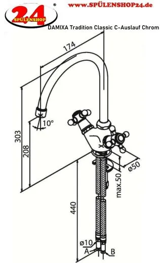 DAMIXA Kchenarmatur Tradition Classic C-Auslauf Chrom Zweigriffmischer in Nostalgieoptik