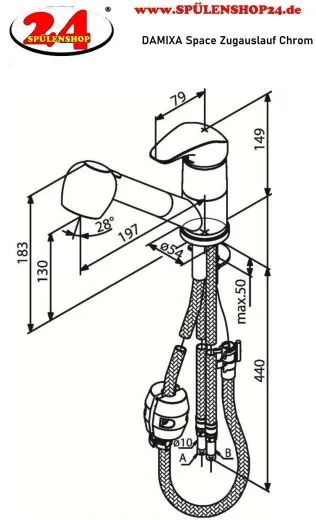 DAMIXA Kchenarmatur Space Chrom-SB Einhebelmischer mit Zugauslauf und Obenbedienung