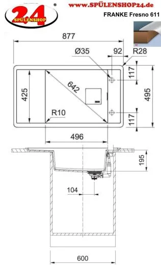 FRANKE Kchensple Fresno FSG 611 Fragranit+ Einbausple / Granitsple mit Siebkorb als Druckknopfventil