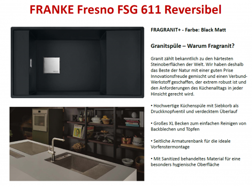 FRANKE Kchensple Fresno FSG 611 Fragranit+ Einbausple / Granitsple mit Siebkorb als Druckknopfventil