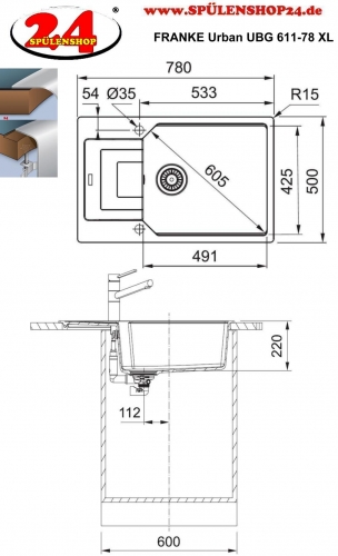 FRANKE Kchensple Urban UBG 611-78 XL Fragranit+ Einbausple / Granitsple Flchenbndig mit Siebkorb als Drehknopfventil