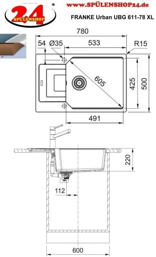 FRANKE Kchensple Urban UBG 611-78 XL Fragranit+ Einbausple / Granitsple mit Siebkorb als Drehknopfventil