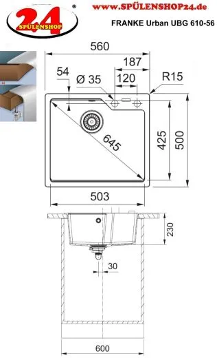 FRANKE Kchensple Urban UBG 610-56 Fragranit+ Einbausple / Granitsple mit Siebkorb als Drehknopfventil