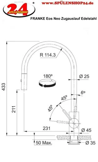 FRANKE Kchenarmatur Eos Neo Einhebelmischer Edelstahl massiv mit Auszugsbrause Pull-Down-Spray 180 schwenkbarer Auslauf