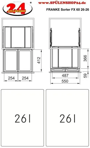 FRANKE Sorter FX 60 26-26 Einbau-Abfallsammler / Mlltrennsystem in 2-fach Trennung Frontauszug