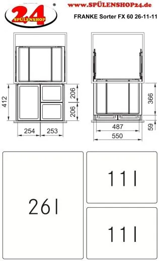 FRANKE Sorter FX 60 26-11-11 Einbau-Abfallsammler / Mlltrennsystem in 3-fach Trennung Frontauszug