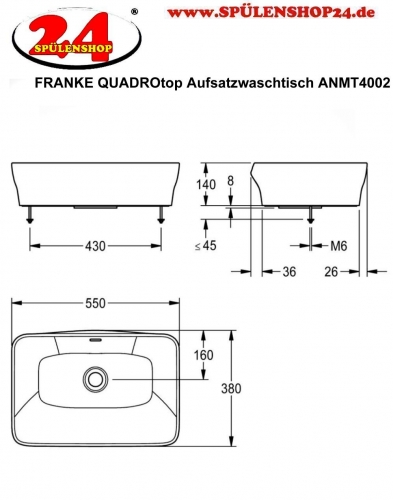 KWC PROFESSIONAL QUADROtop Aufsatzwaschtisch ANMT4002 Waschtisch MIRANIT Montage auf Waschtischplatte