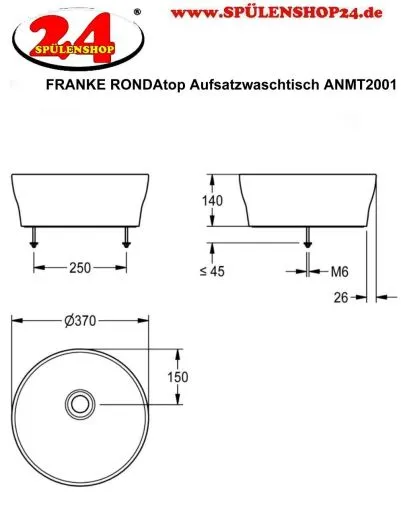 KWC PROFESSIONAL RONDAtop Aufsatzwaschtisch ANMT2001 Waschtisch MIRANIT Montage auf Waschtischplatte ohne berlauf