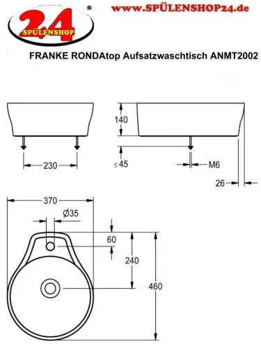 KWC PROFESSIONAL RONDAtop Aufsatzwaschtisch ANMT2002 Waschtisch MIRANIT Montage auf Waschtischplatte ohne berlauf mit Armaturenbank