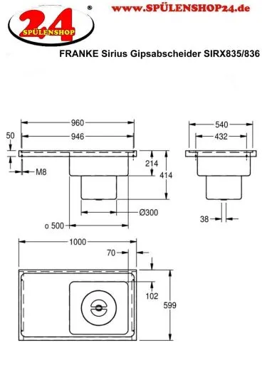 KWC PROFESSIONAL Sirius Gipsabscheider SIRX835/836 Edelstahl zur Auflagemontage mit Gipsfangkorb und Deckel