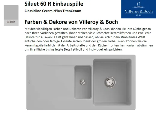 Villeroy & Boch SILUET 60 R-Classicline Einbausple / Keramiksple aus TitanCeram in Standard Farben