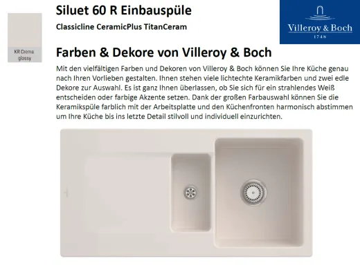 Villeroy & Boch SILUET 60 R-Classicline Einbausple / Keramiksple aus TitanCeram in Standard Farben